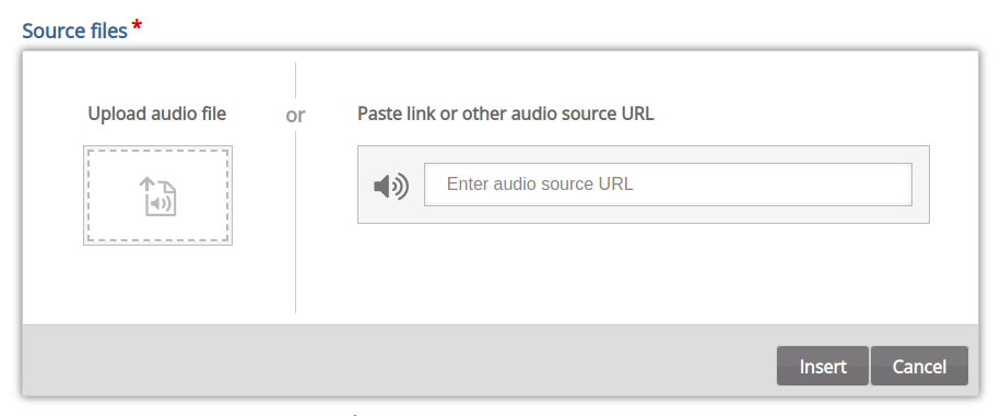 H5P editor showing the audio upload widget. It asks to upload an audio file or to enter a URL to the audio source
