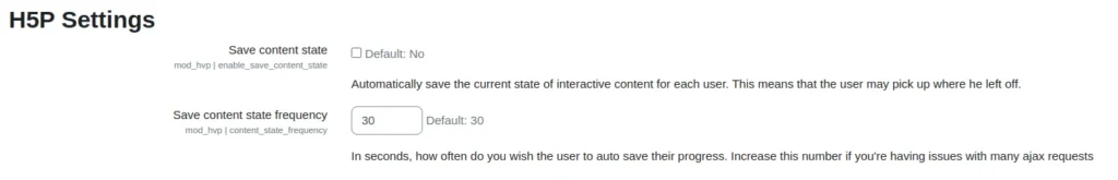 Excerpt from the moodle's options for H5P. Showing the "Save Content State" section with a checkbox to toggle "Save content state" on and off (Default: No) and a numerical input field for the "Save content state frequency"