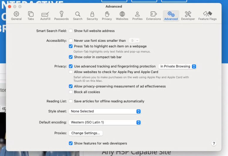 Screenshot of MacOS Safari settings showing the "Advanced" tab. At the bottom, there's an option that reads "Show features for web developers"