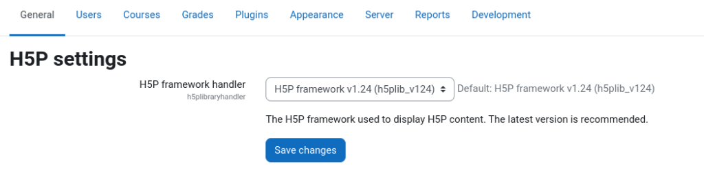 screenshot of the H5P core selection option of moodle's custom H5P integration