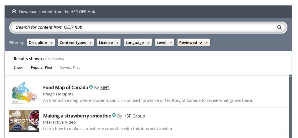 Screen shot of the H5P OER Hub explorer. Showing search and filter options for content and a list of some of the available content to choose from. The appearance reminds of an app store.